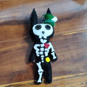 Handmade Black Felt Skeleton Bunny Plush with Green Hat